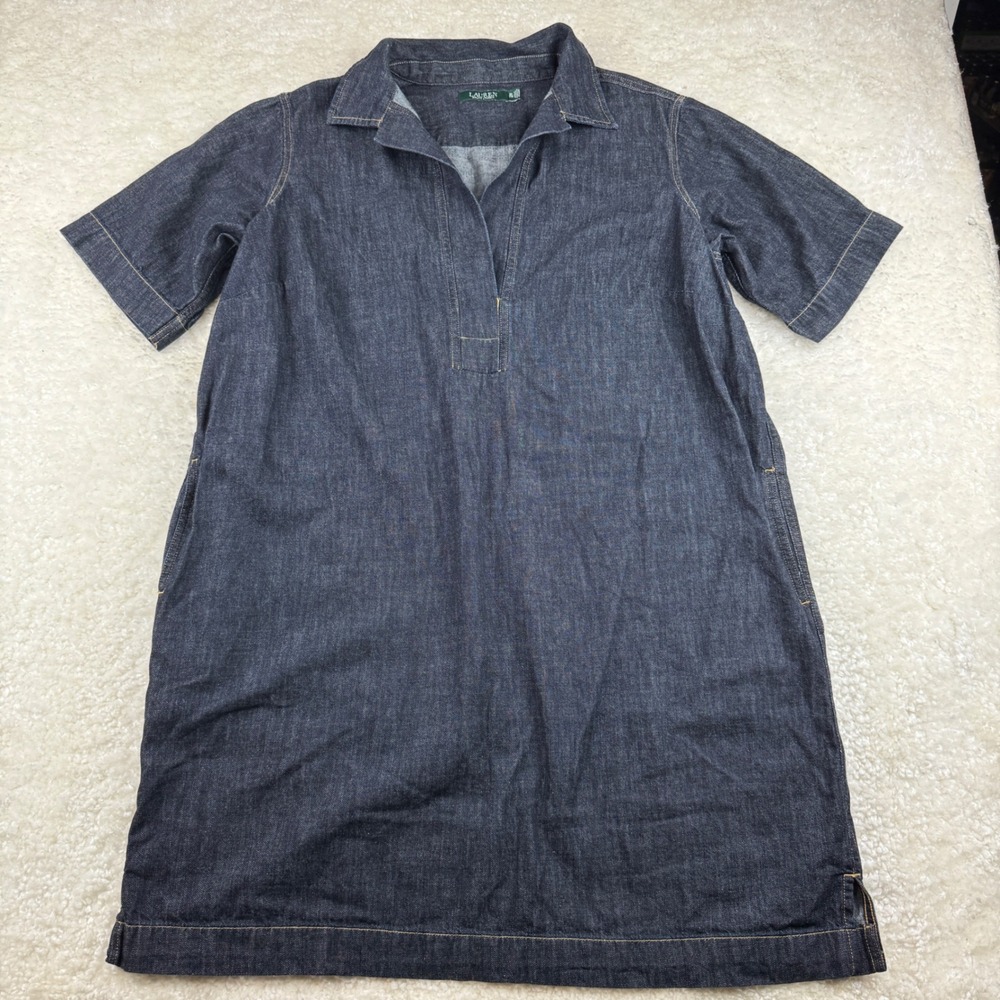 Lauren Ralph Lauren Denim Dress Womens 2X Blue Short Sleeve V-Neck Shift Pocket